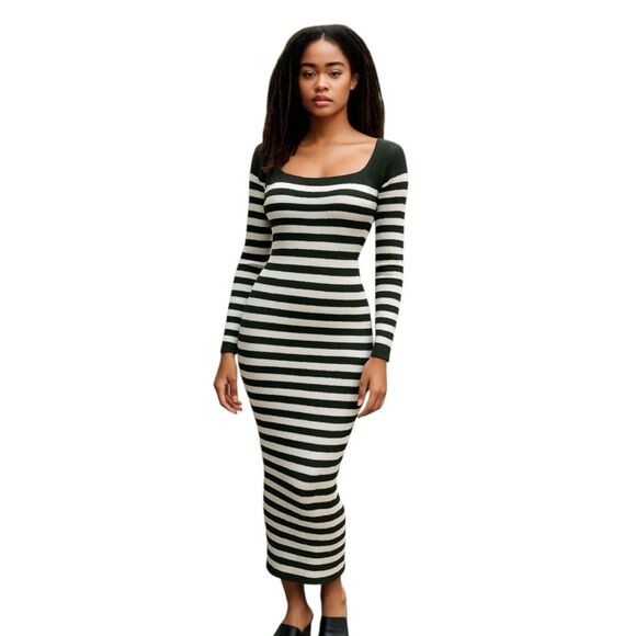 MEROKEETY Ribbed Knit Striped Women's Midi Sweater Dress Green White S Side Slit - Picture 1 of 10